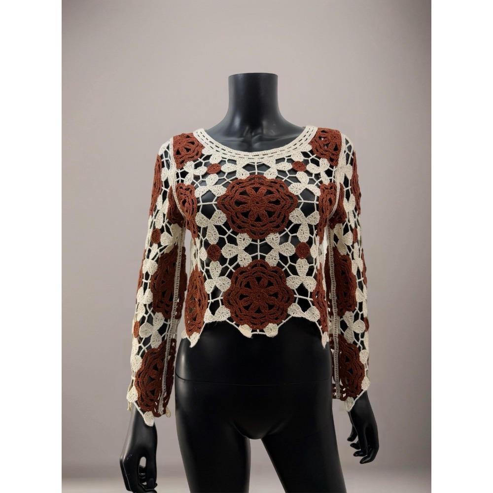 Rebellion Crochet Boho Floral Knit Long Sleeve Top Brown Cream Women's Small